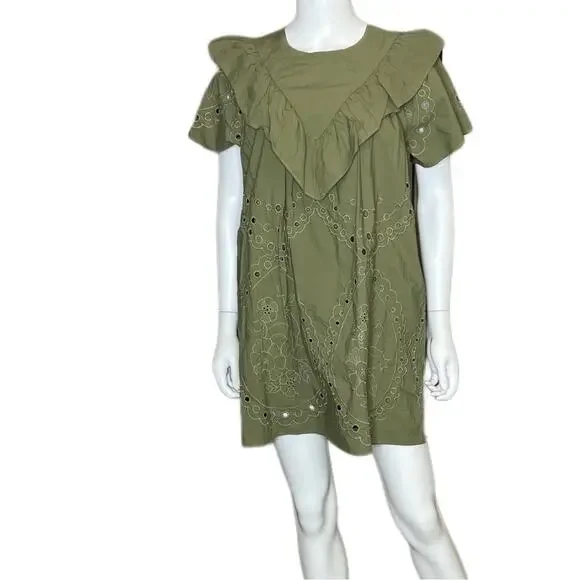 Ellison Ruffled Eyelet Dress Olive Green TD-9287-6 Women’s Sz M - Picture 1 of 5